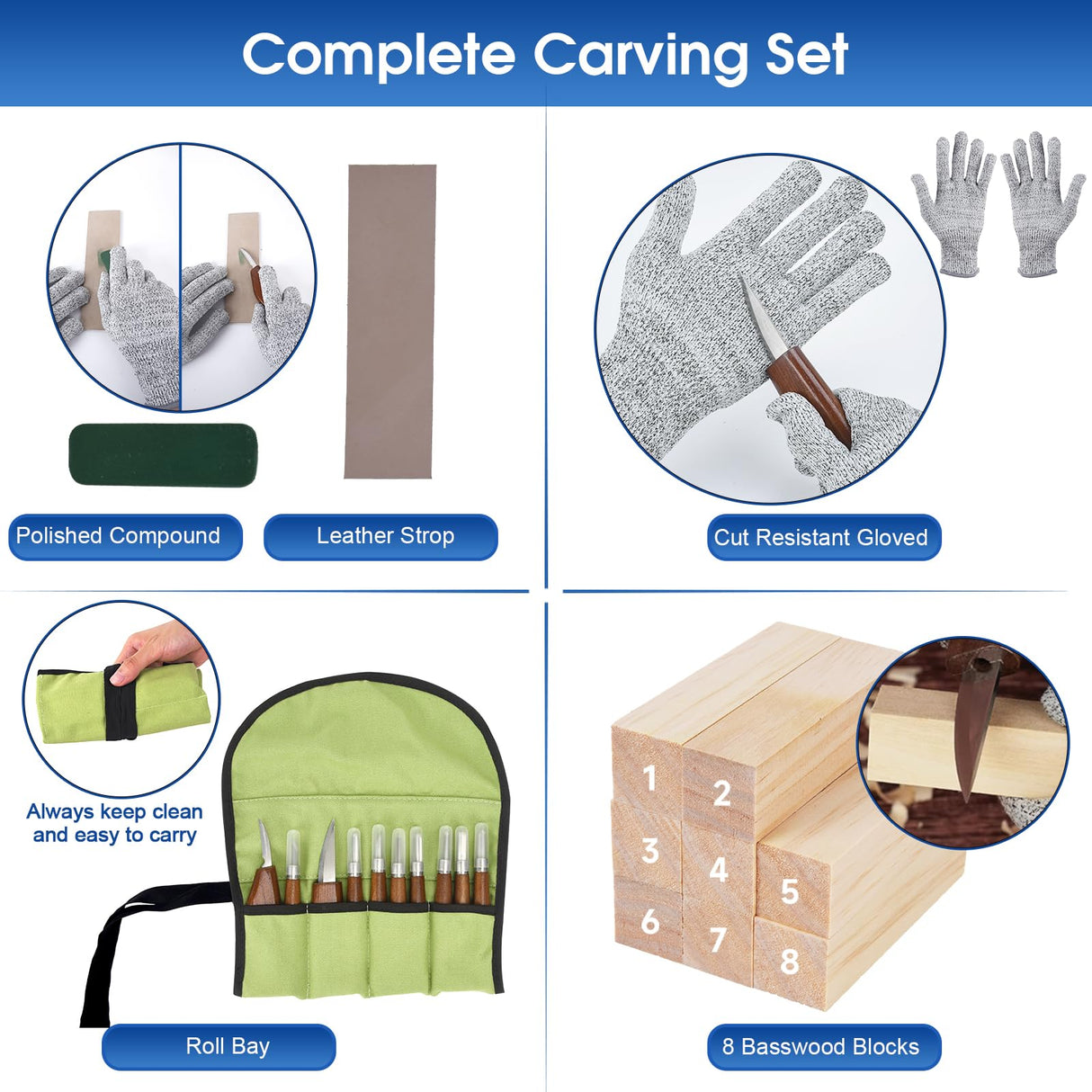 Wood Carving Tools, Hexola Wood Carving Kit 26-In-1 Whittling Kit- Includes Walnut Handle Wood Carving Knife,Whittling Knife, Hook Knife, Cut Resistant Gloves, Wood Carving Kit For Beginners Hexola