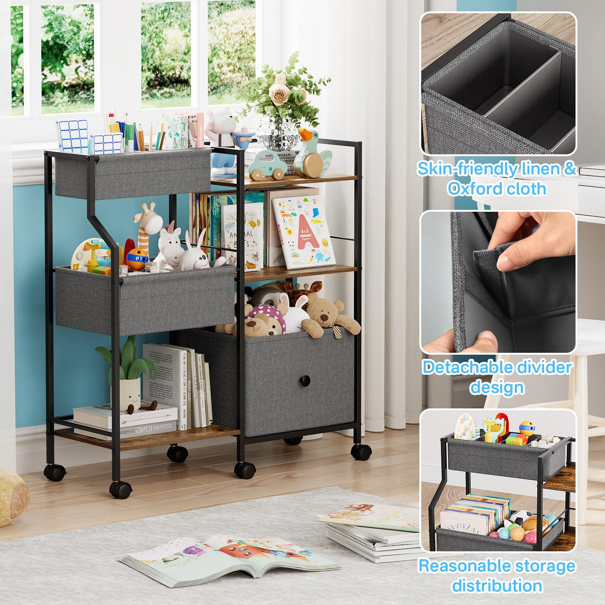 Modanais Kids Toy Storage Organizer - Toy Shelf Organizer, Sturdy Wooden Book Shelves, Soft-Sided Fabric Bins, Customizable Mobile Storage Cart for Playrooms & Bedrooms Modanais