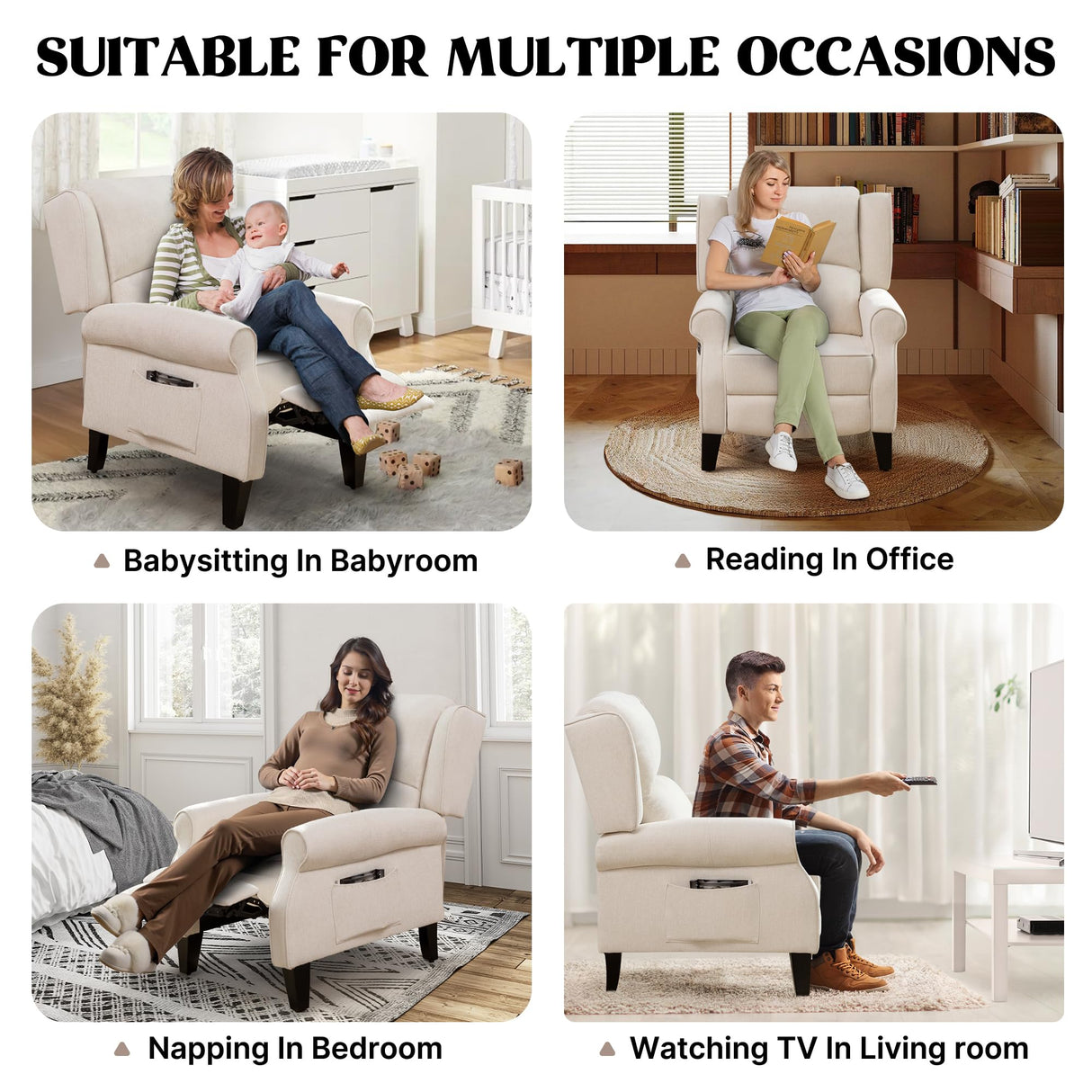 YUUIJOAA Pushback Recliner Chair, Fabric Armchair Push Back Recliner with Adjustable Footrest and Side Pocket, Comfy Wingback Accent Chair Reclining Sofa for Living Room, Bedroom, Beige YUUIJOAA