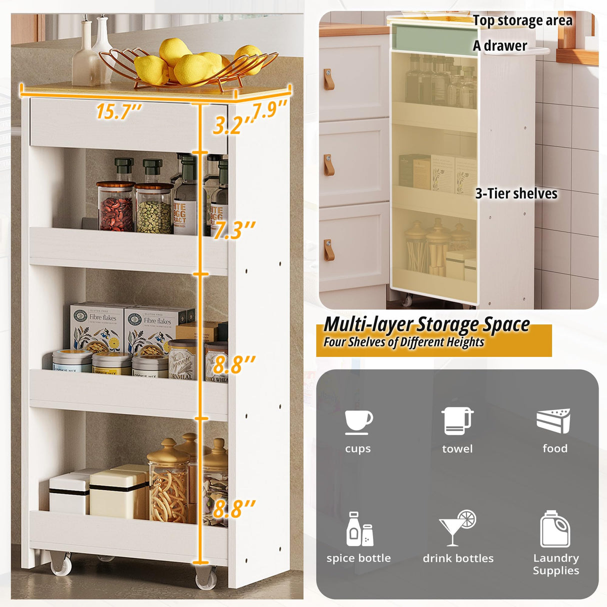 IRONCK Slim Storage Rolling Cart with Drawer and Wheels and Handle, 4 Tier Slide Out Utility Kitchen Cart for Small Spaces Kitchen Laundry Narrow Places, White IRONCK