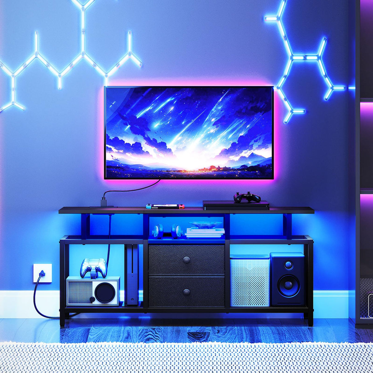 YATINEY TV Stand with LED Light and Power Outlets, Entertainment Center with Fabric Drawers and Open Shelves, TV Cabinet for TVs up to 50 Inch, Media Console for Living Room, Bedroom, Black DS03UDBB YATINEY