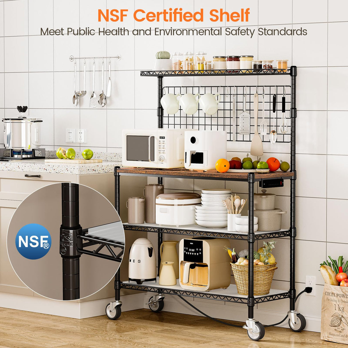 Leteuke Bakers Rack with Power Outlet & Storage, 36 Inch Microwave Stand Kitchen Cart, 4-Tier Metal Kitchen Shelves Cart with Wheels & 20 S-Hooks for Kitchen, NSF Certified, 63 x 18 x 36 Inch-Black Leteuke