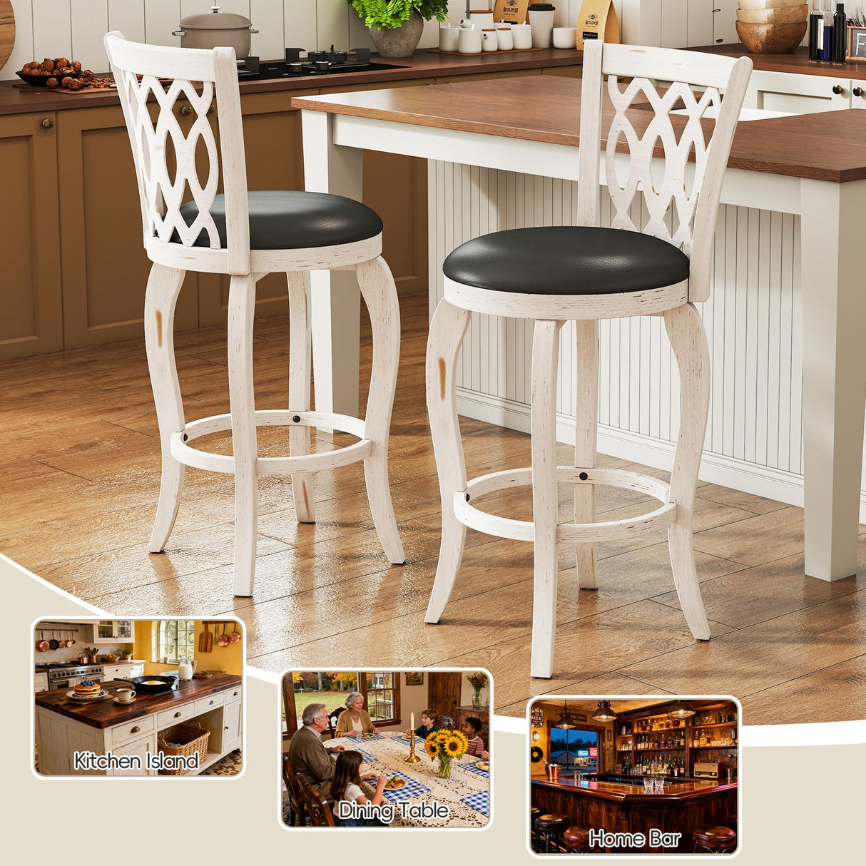Callales 29" Bar Height Swivel Bar Stools Set of 2 for Kitchen Island, Farmhouse Barstool Counter Chair with Back and Footrest, Upholstered Barstools (White, Round Seat) Callales