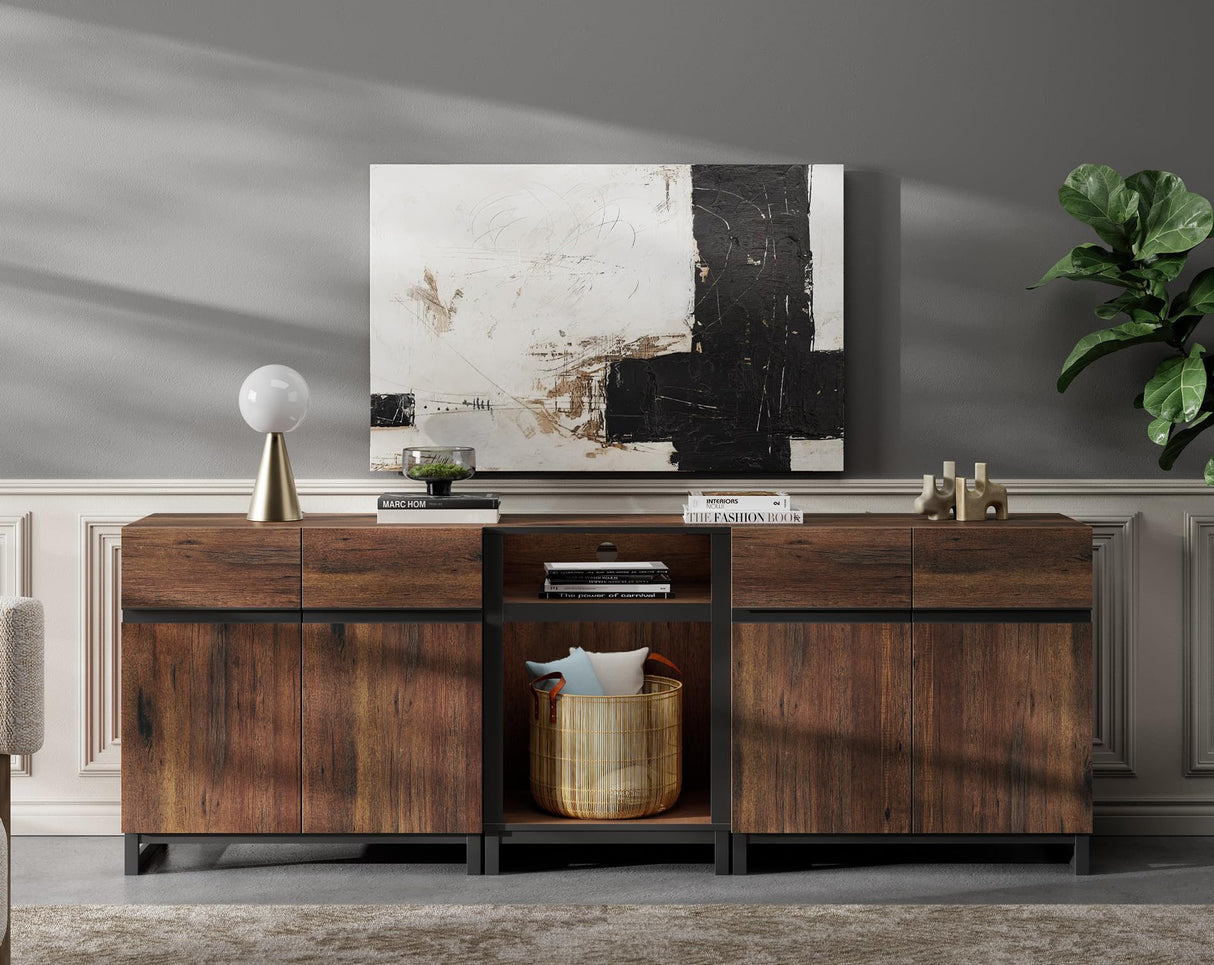 WAMPAT TV Stand for TVs up to 90 inch, 3 in 1 Modern Entertainment Center with Metal Base & 2 Adjustable Shelves, TV Console for Living Room,Brown WAMPAT