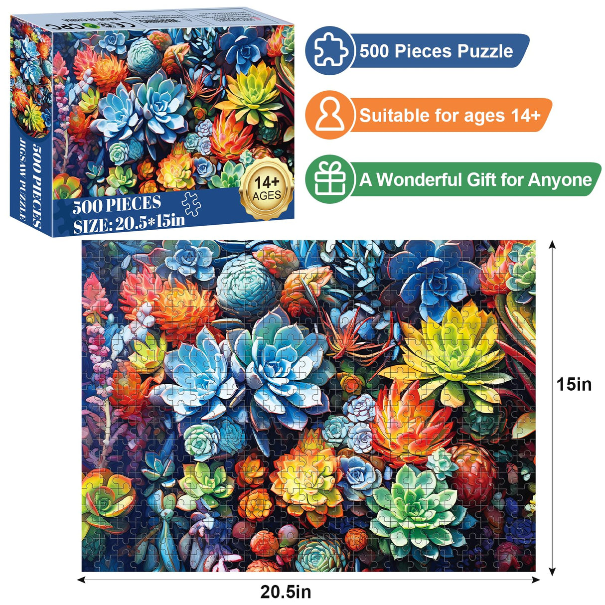 500 Piece Puzzle for Adults-Succulent Plant Puzzle| Recycled Cardboard Jigsaw Puzzles 500 Pieces | Challenging Family Activity Great Gift Idea for Family Friends | Difficult Puzzles Size 20.5X 15 in Edsjegn