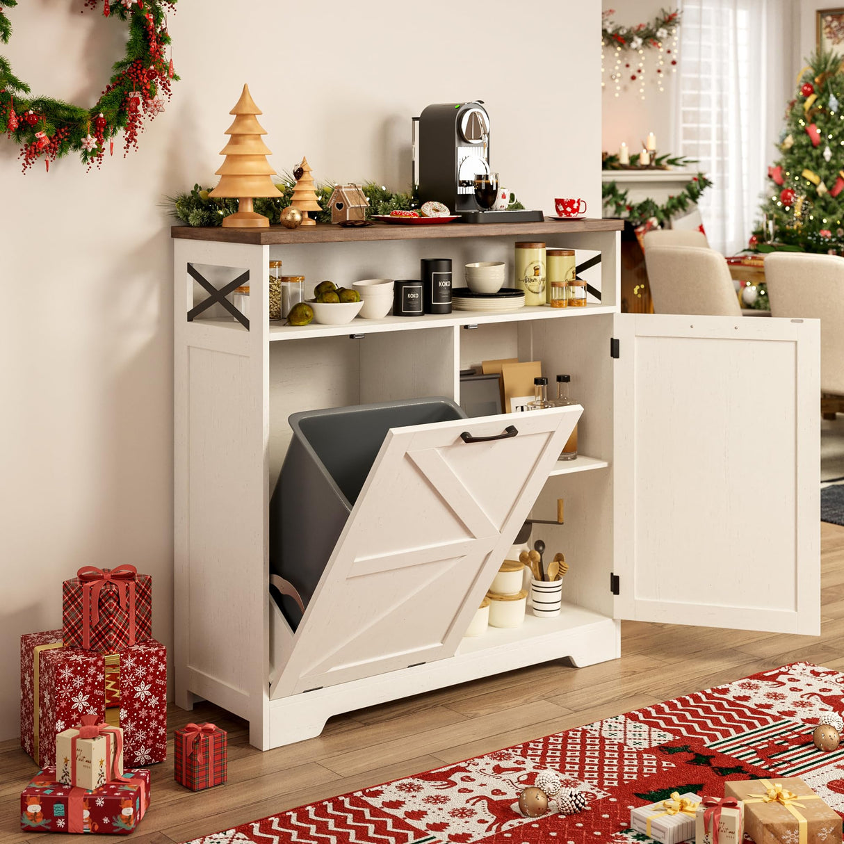 Befrases Tilt Out Trash Can Cabinet for 13 * 1 Gallon Trash Can, Farmhouse Kitchen Island Cabinet with Adjustable Shelf for Hidden Laundry Basket, Dog Proof Garbage Can for Dining Living Room, White Befrases