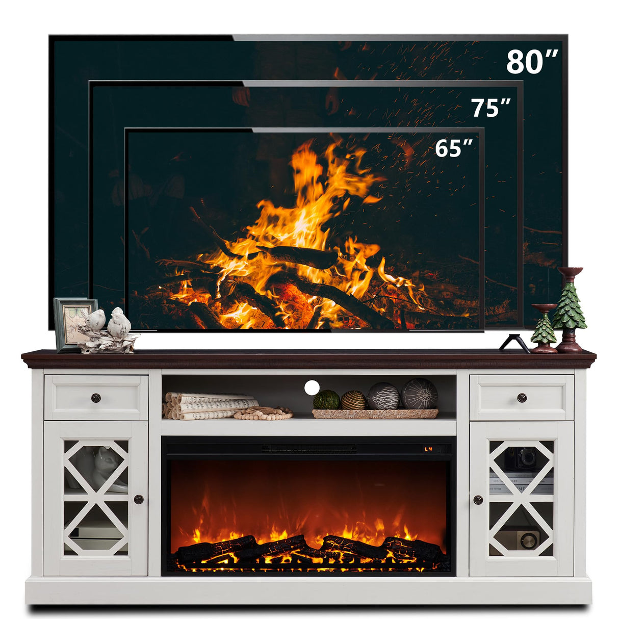 Farmhouse Fireplace TV Stand with 36" Electric Fireplace for 80 Inch TVs, 31" Tall Entertainment Center w/Drawer & Diamond Panel Door, Highboy Media Console for Living Room, 70inch, White IFGET