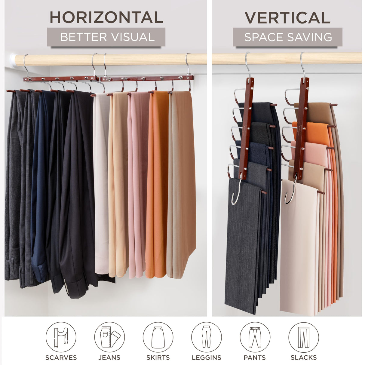 MORALVE Pants Hangers Space Saving - 2 Pack European Beechwood Scarf and Jean Hangers - Closet Organizer and Space Saver Pant Rack, Leggings Hanger, and Scarf Holder with 360° Swivel Hook MORALVE