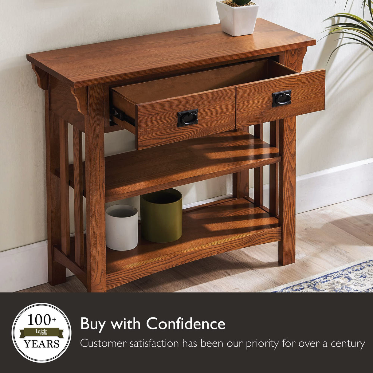 Leick Home 8261 Mission Bookcase Console Table with Drawers, Made with Solid Wood, for Living Room, Entry Way, Office, Bedrooms, Russet Finish Leick Home