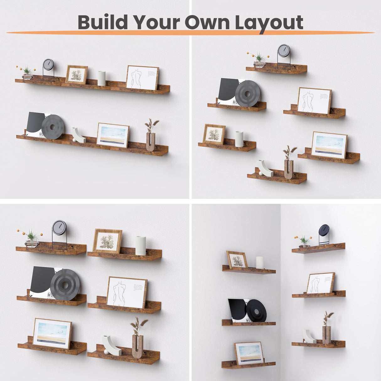 upsimples Floating Shelves for Wall, Wood Mounted Shelf Decor Storage Set of 6, for Bedroom, Living Room, Bathroom, Kitchen, Picture Ledge, Brown upsimples