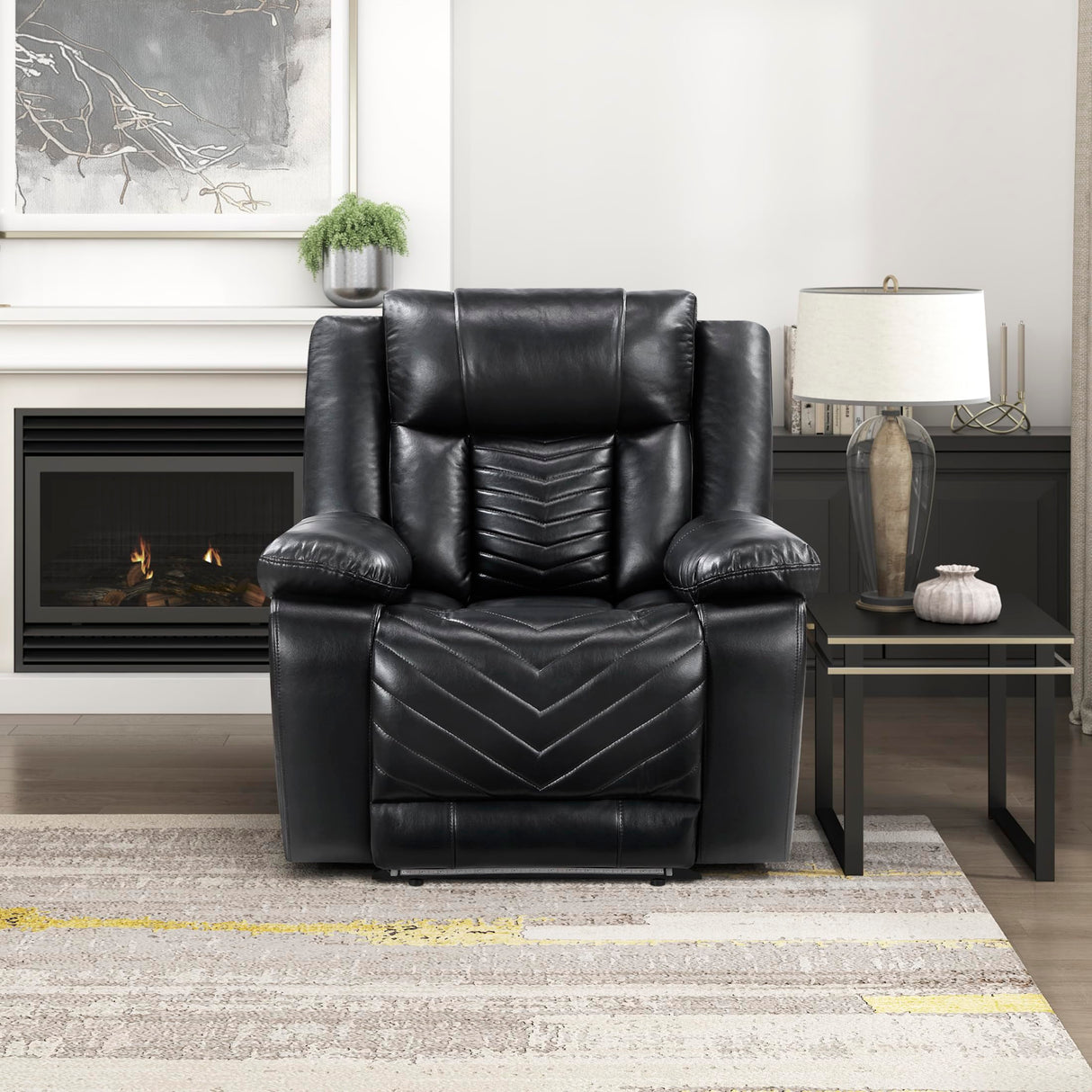 Lexicon Power Recliner Chair, Faux Leather Upholstered Home Theater Seating with LED Lighting, USB Charging Ports, Single Wall Hugger Reclining Chair for Living Room/Bedroom Easy Assembly, Black Lexicon