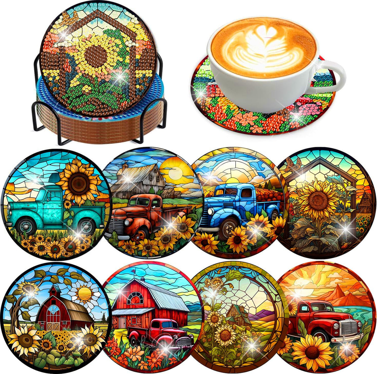 8 Pcs Fall Diamond Art Coasters Kit for Adults - Flowers Painting Set With Holder Cork Pads DIY Sunflower Truck Crafts for Beginners Meothan