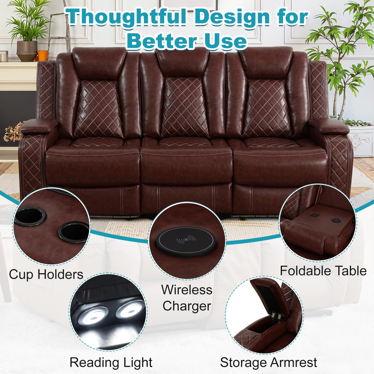 Lyngins 3+2+1 Power Sectional Reclining Sofa Set, Modern Recliner Couch, Loveseat, Chair with USB Ports/LED Lights/Storage Console/Cup Holders, PU Leather Recliner for Living Room, RV Theater, Brown Lyngins