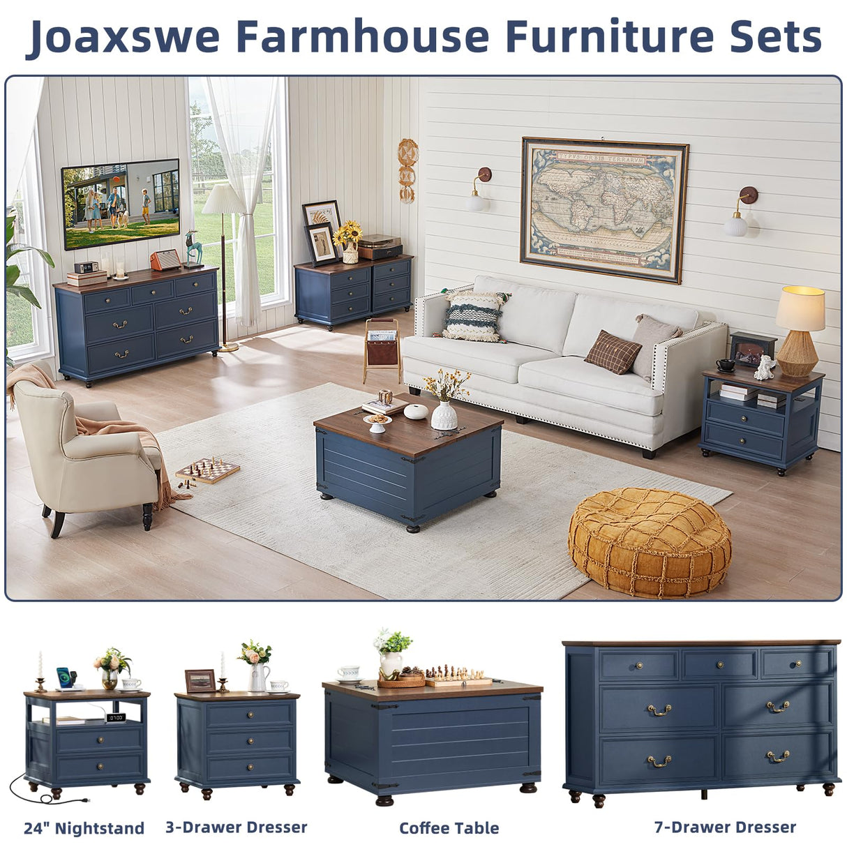 Joaxswe Farmhouse Coffee Table with Hidden Storage, 59 Gallon Square Center Table for Living Room, Rustic Wood Cocktail Tables with Flip-Top Lids, Farm House Tables with Wooden Gourd Feet, Navy Blue Joaxswe