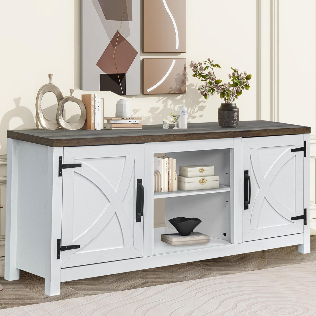 COMEFFIE Modern 58" TV Stand, Media Entertainment Center for TV up to 65 Inch, Console Table with Storage Cabinets for Living Room (White Without Fireplace) COMEFFIE