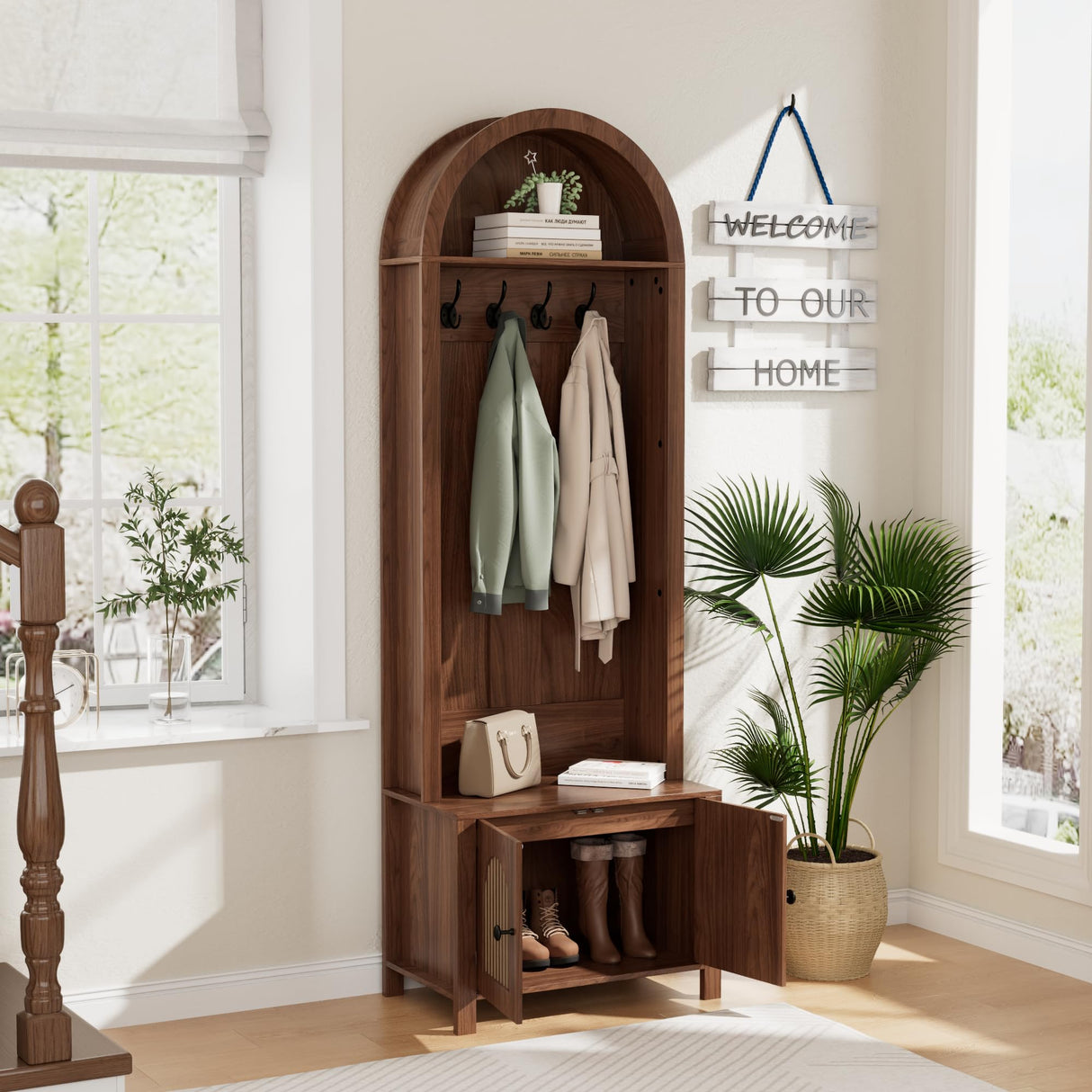 Hall Tree with Bench and Shoe Storage, Entryway Storage Bench with Coat Rack, 70.9"Arch Coat Rack with 4 Hooks and 2 Fluted Doors, Farmhouse Style Furniture Organizer for Hallway (Walnut, 23.7"W) Mxtxmy