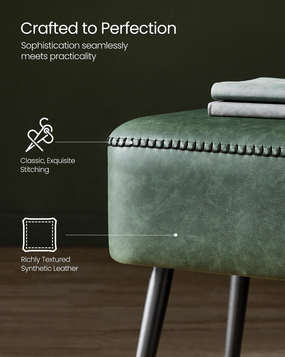 VASAGLE EKHO Collection - Bench for Entryway Bedroom, Synthetic Leather with Stitching, Ottoman Bench with Steel Legs, Living Dining Room, Mid-Century Modern, Loads 660 lb, Forest Green ULOM076C01 VASAGLE