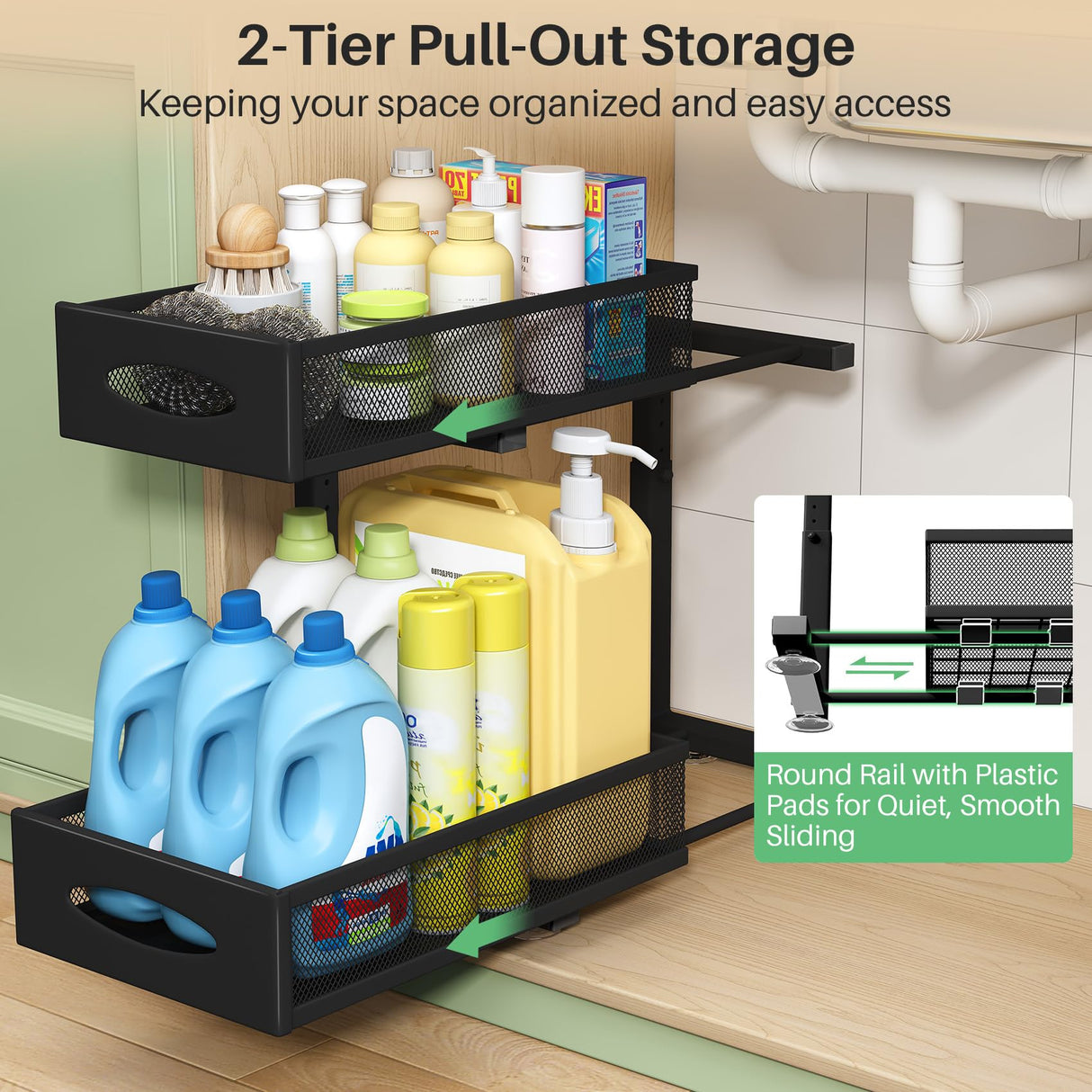 Under Sink Organizer, 2 Tier Pull out Cabinet Organizer Baskets with Mesh Sliding Drawers, Slide out Storage Shelf for Home, Kitchen, Bathroom, Pantry, Office Cabinet, Countertop(1 Pack) Kitstorack