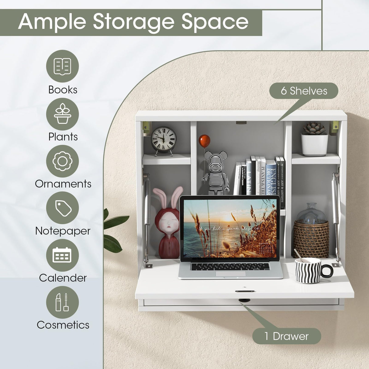 Tangkula Wall Mounted Desk, Folding Wall Table Floating Desk Wall Mount Laptop Desk, Space Saving Wall Mounted Table Wall Desk with Storage Drawer & Shelves (White) Tangkula