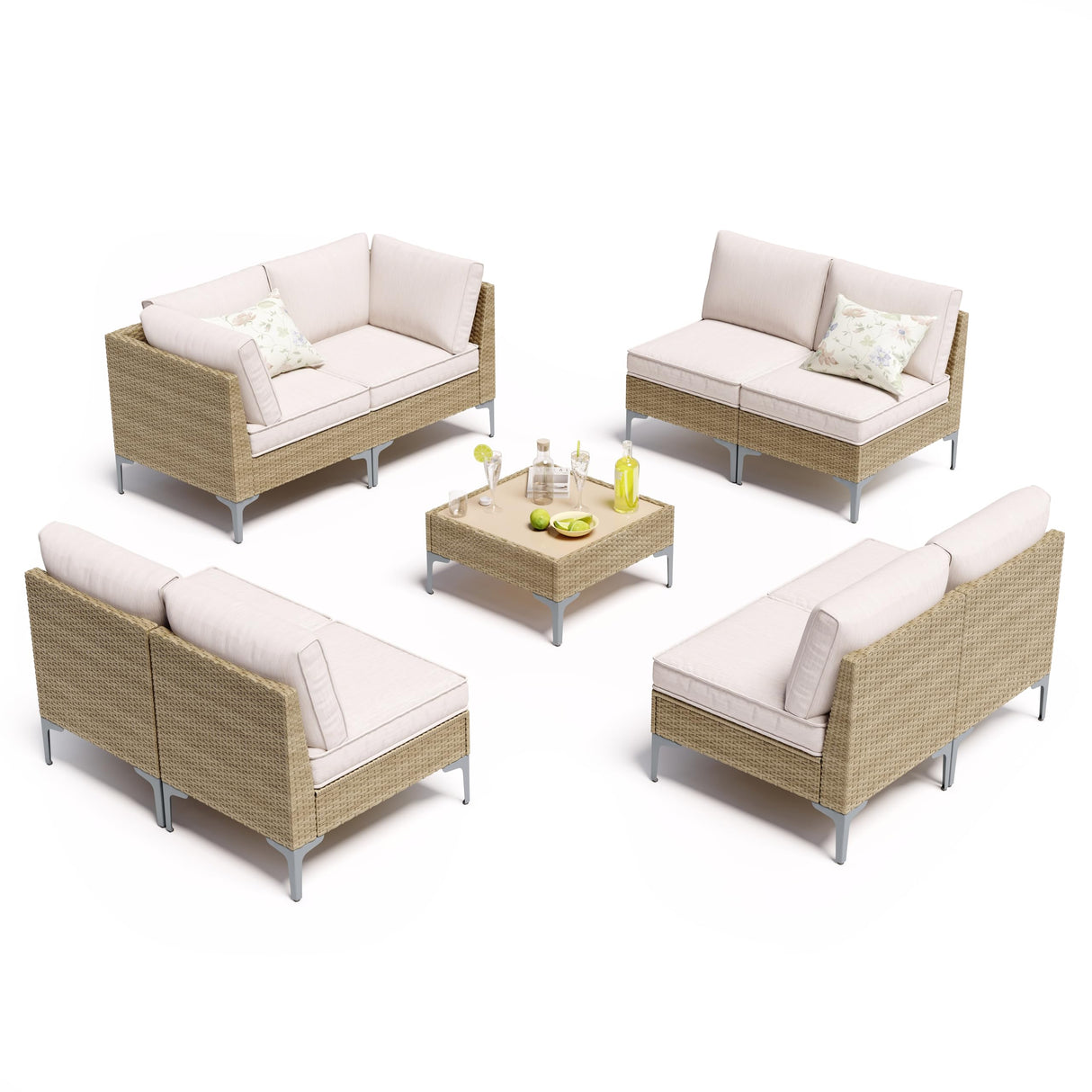 SunloungeCo 9-Piece Patio Furniture Set, Outdoor Wicker Sectional Sofa with Coffee Table, Anti-Slip & Thick All-Weather Cushions for Sunroom,Garden,Backyard, Beige SunloungeCo