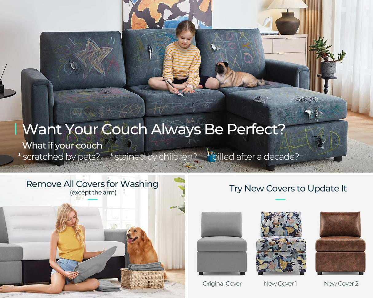 LINSY HOME Modular Sectional Sofa, Convertible U Shaped Sofa Couch with Storage, Memory Foam, Modular Sectionals with Ottomans, 6 Seat Sofa Set with Chaise for Living Room, Grey LINSY HOME