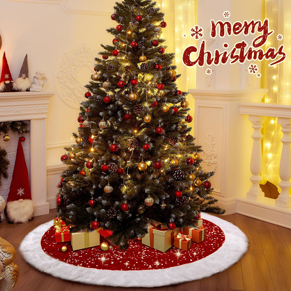 EverMerry Christmas Tree Skirt, Christmas Skirt Tree for 6ft Tree, 36 inches Thick Red Velvet with Sequin and White Plush Tree Skirts for Christmas Tree and Holiday Party Decorations EverMerry