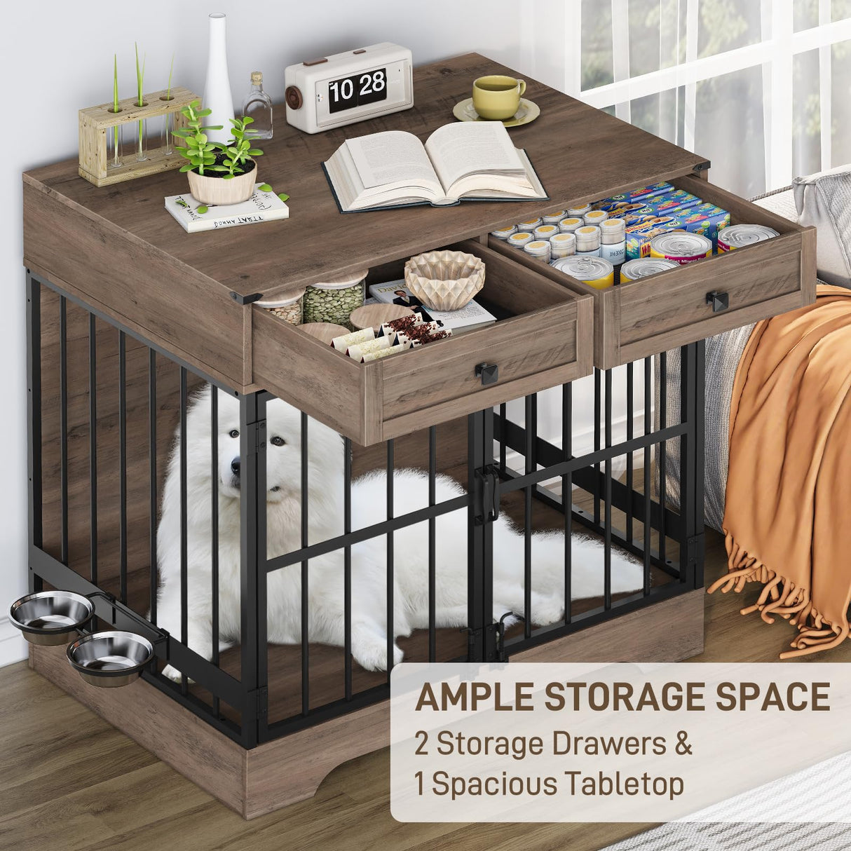 Dog Crate Furniture, 35 Inch Dog Kennel Indoor Furniture with Storage Drawers Rustic Pet Cage End Table with 2 Adjustable Bowls for Small/Medium/Large Dogs Halitaa