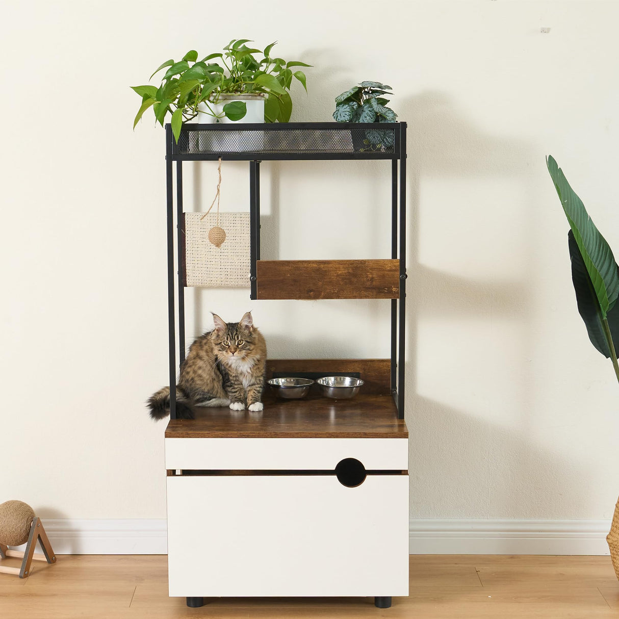 FerniTry Cat Litter Box Enclosure Furniture with Cat Tree Tower, Kitty Litter Box Hidden Cabinet with Shelves Scratching Pad and Cat Bowls, Cat Washroom Indoor Cat House,Rustic Brown… FerniTry