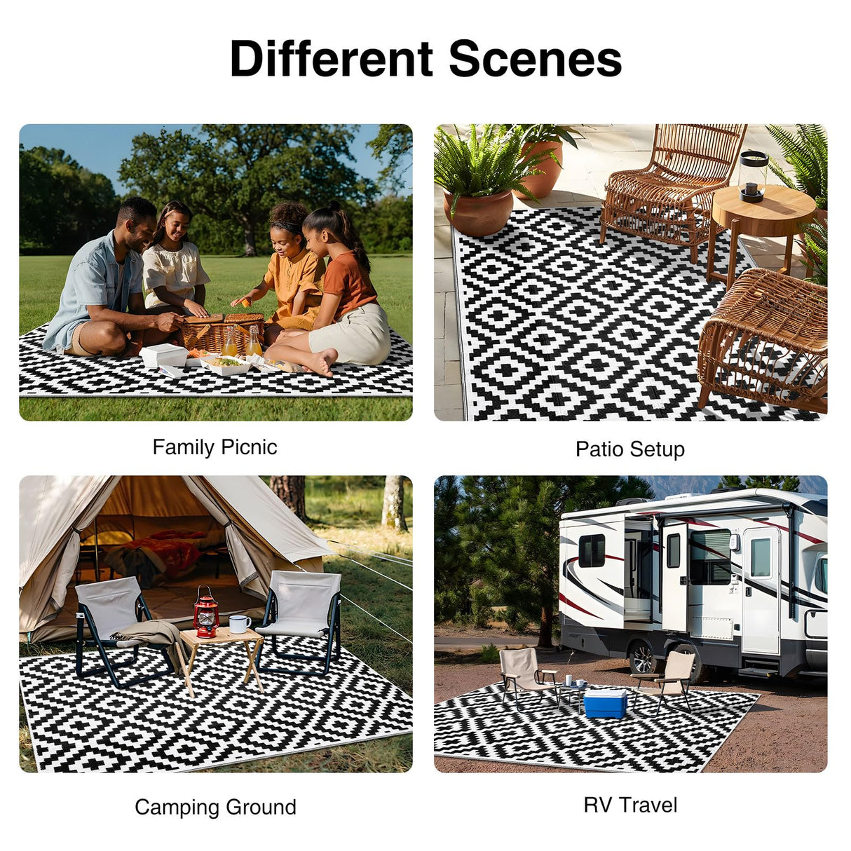 OLANLY Waterproof Outdoor Rug 5x8 ft, Outdoor Plastic Straw Rug for Camping, RV Mat Outside, Indoor Outdoor Carpet for Porch, Deck, Backyard, Balcony, Picnic, Black & White OLANLY