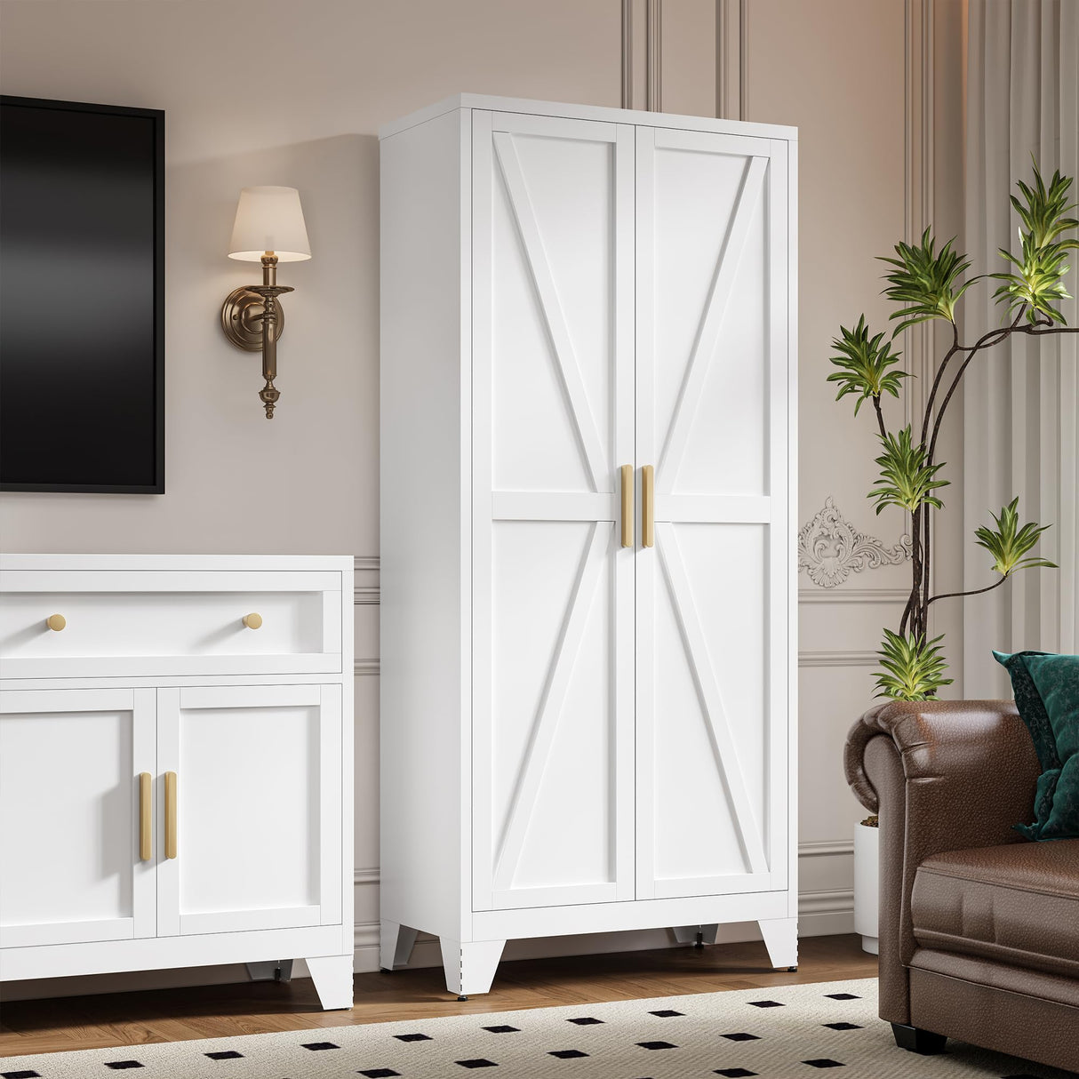 LCAOPC 71" Tall Metal Storage Cabinet with 2 Doors and 4 Adjustable Shelves, 5-Tier Kitchen Pantry Storage Cabinet for Kitchen, Living Room, Dining Room and Office, White LCAOPC