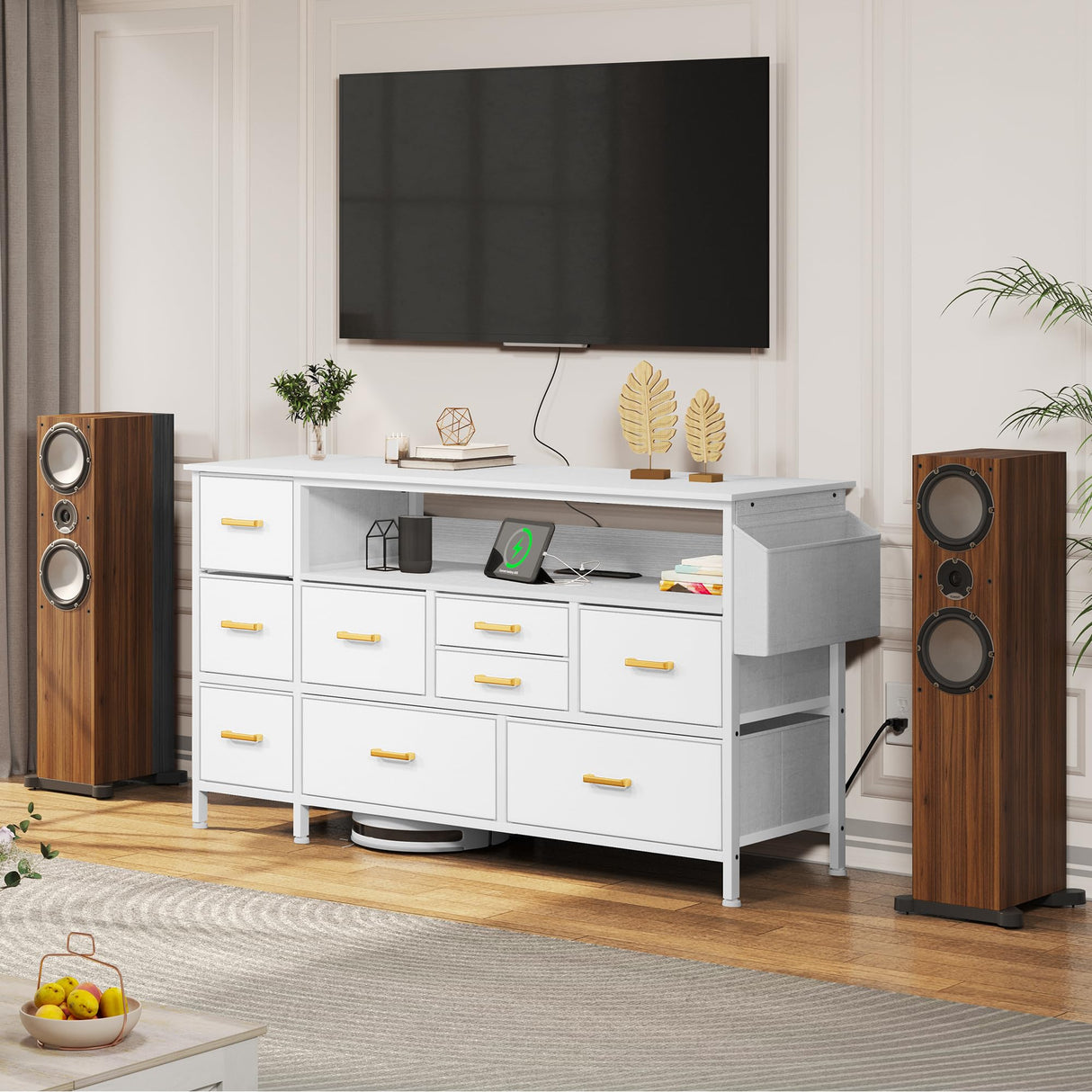 YITAHOME TV Stand with Charging Station, Dresser TV Stand for 55'' TV, 9 Drawer for Bedroom, White Drawer with Side Pockets, Fabric Drawer for Living Room, Entryway YITAHOME