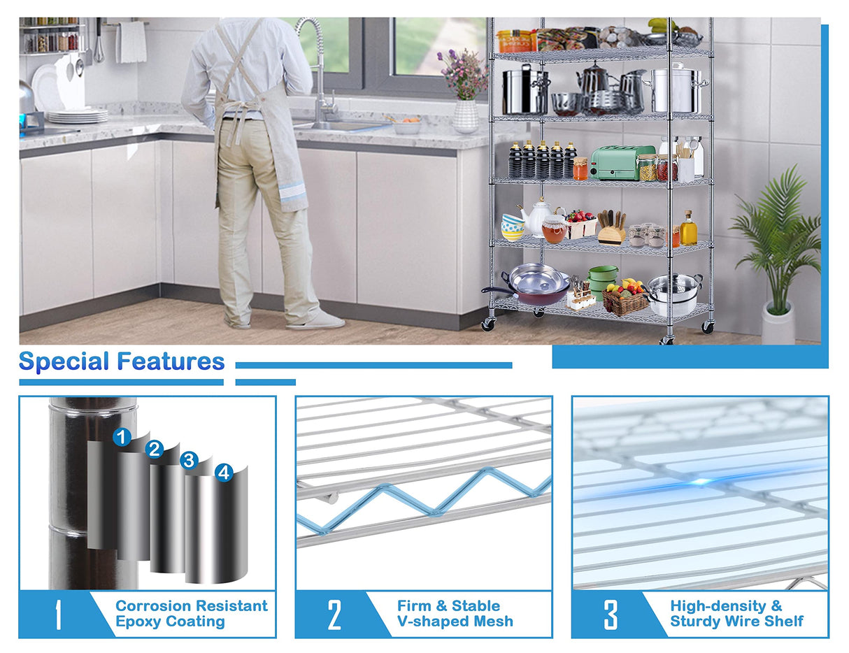 6 Tier Metal Shelving, 18" D x 48" W x 82" H Storage Rack, Wire Shelf, Height Adjustable, Wire Rack Shelving, Maximum Load Bearing 2100lbs, Metal Storage Shelves for Kitchen Garage Warehouse, Chrome MKDLUFEI
