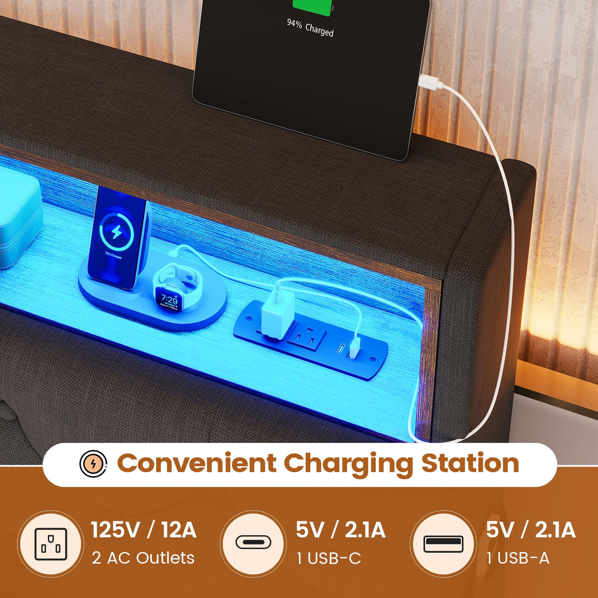 BTHFST Full Size Bed Frame with 4 Drawers & Charging Station, LED Bed Frame Full Size with Hidden Storage Headboard, Upholstered Metal Bed Full, No Box Spring Needed, Dark Grey BTHFST