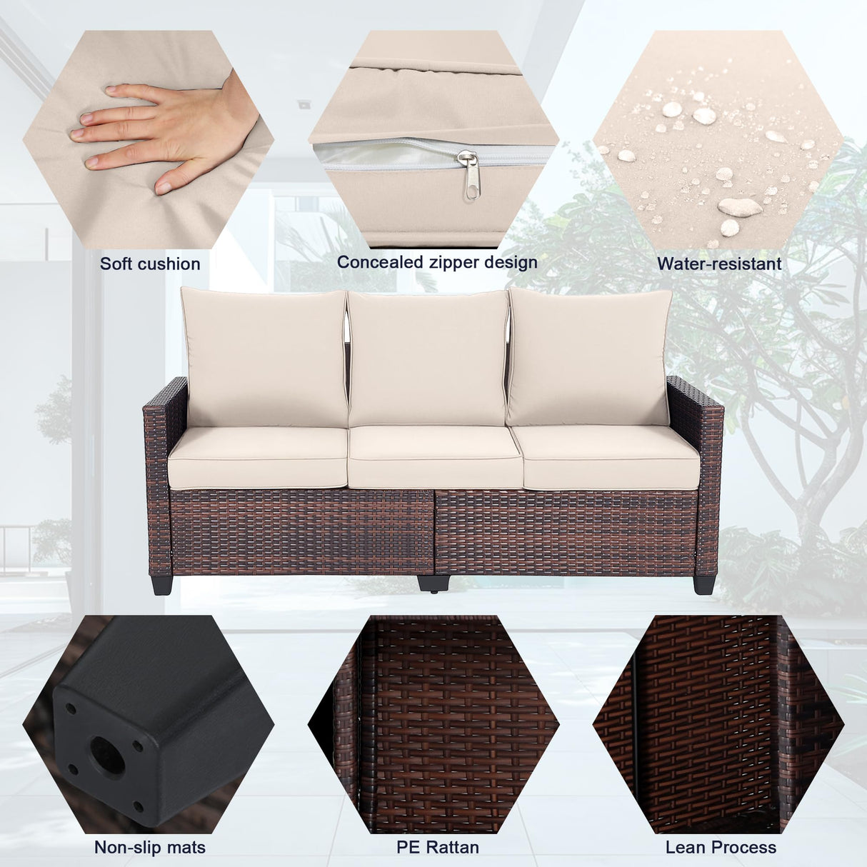 AstrPthylx 3-Seater Deep Seat Outdoor Sofa - High Back Patio Couch with Water-Resistant Cushions, All-Weather PE Rattan for Patio, Garden (Modern Design) (Beige) AstrPthylx