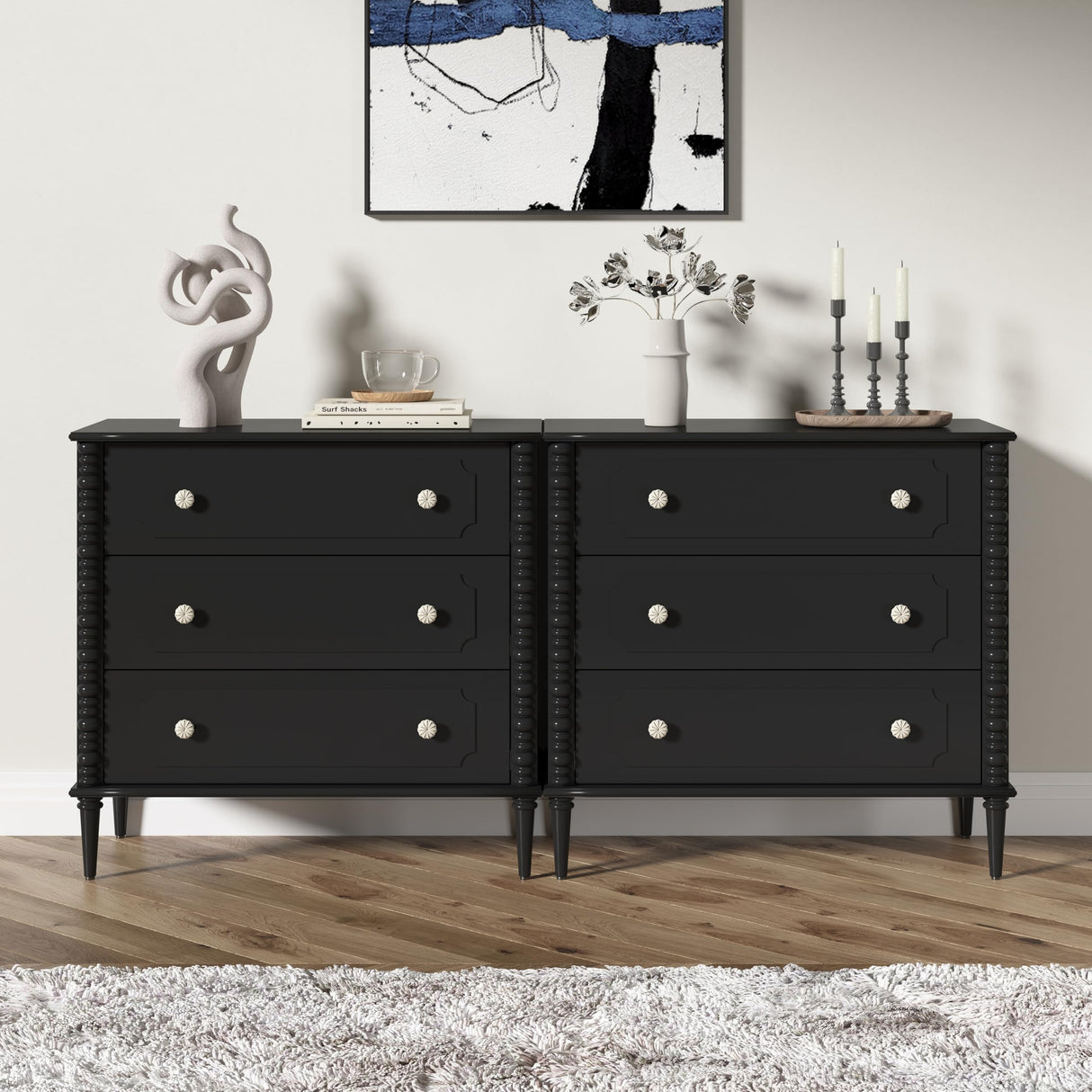 ZOSQUARE 3 Drawer Dresser, 32 inch Wide Dresser for Bedroom, Modern Wood Chest of Drawers, Turned Legs Nightstand with 3 Drawers for Dorms, Hallway, Entryway (Black) ZOSQUARE