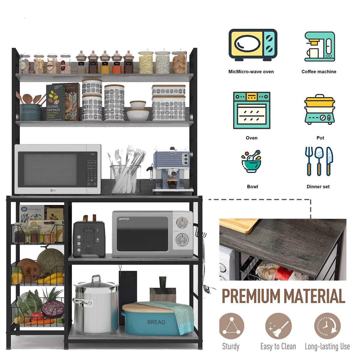 Chnnmbrn Kitchen Bakers Rack with Baskets and Power Outlet,5-Tier Kitchen Utility Storage Shelf with Hooks, Microwave Oven Stand Rack,Vintage Grey Free Standing Kitchen Shelf Chnnmbrn