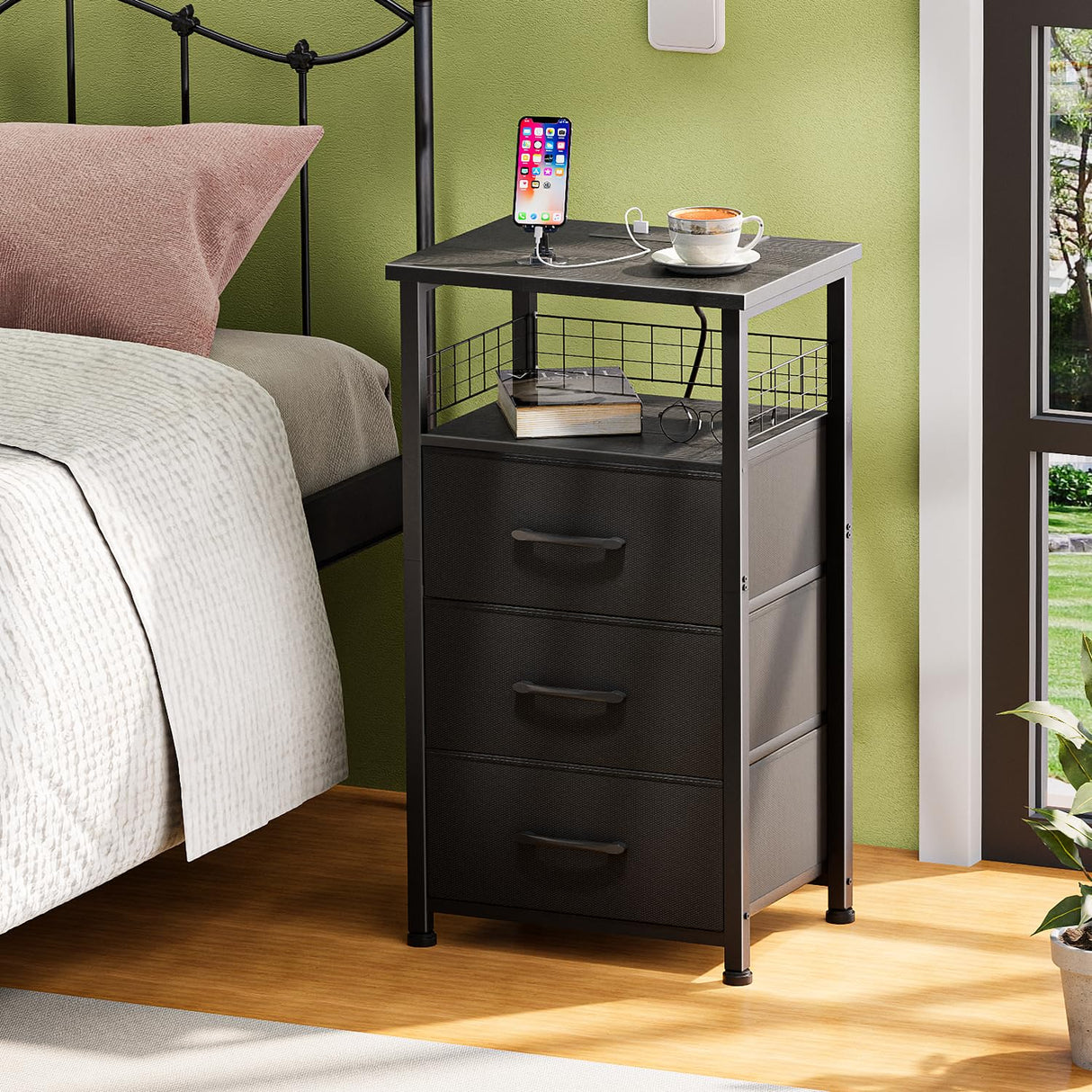 LAKEMID Night Stand Set 2 with Charging Station, End Table Set of 2 with 20 Colors LED Light Strip 3 Drawers, Side Tables Bedroom with USB Ports and Outlets for Living Room, Office (Black) LAKEMID