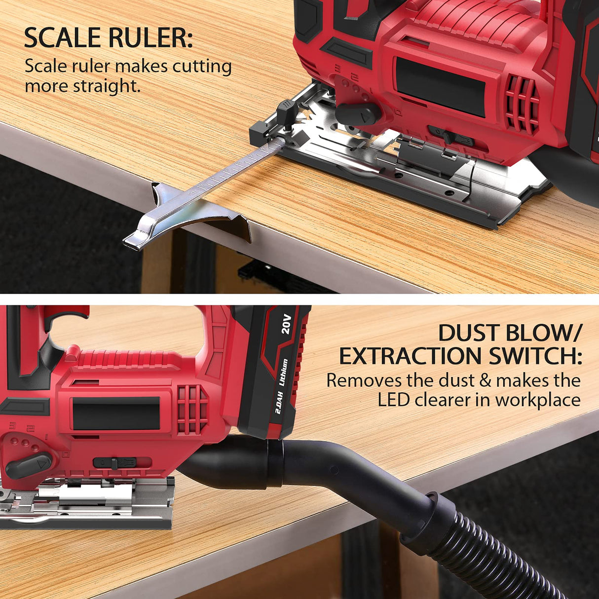 Irfora Jig Saw 20V Cordless Jigsaw for Woodworking with 4 Orbital Settings 2700 SPM 10-Piece T-Shank Blade Set 2.0 Ah Battery Fast Tool-Free Blade Clamp 45° Adjustment LED Light Parallel Saw Irfora