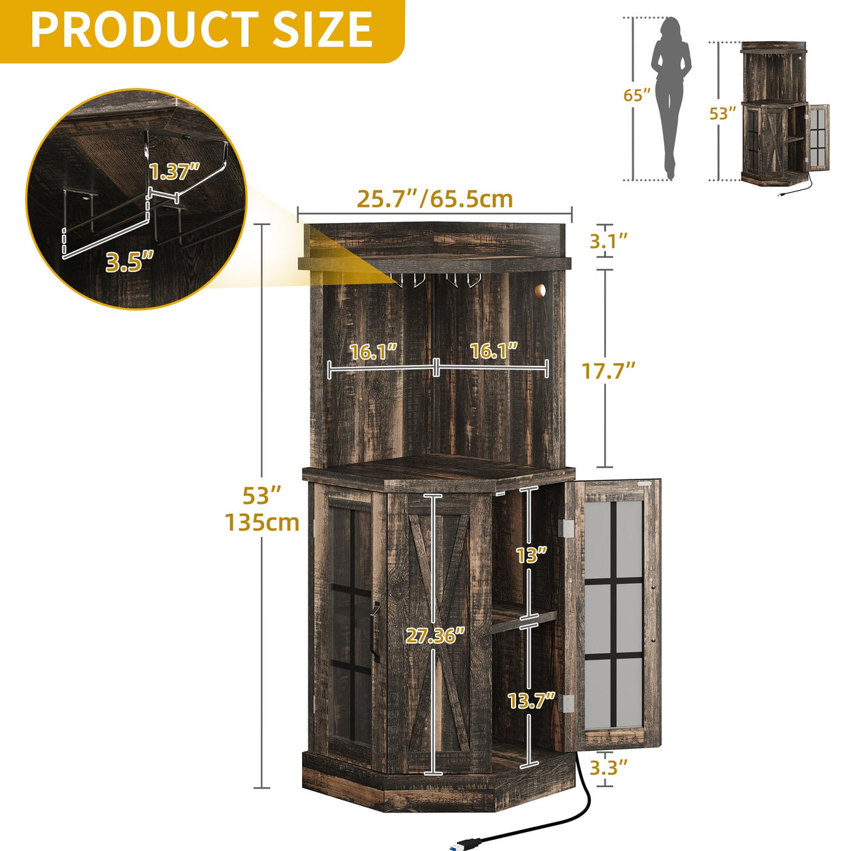 DWVO 53" Corner Bar Cabinet with Glass Door & LED Lights, Farmhouse Wine Cabinet with Glass Holder, 4-Tiers Liquor Cabinet Bar for Home Kitchen, Dining Room, Living Room, Dark Rustic Oak DWVO