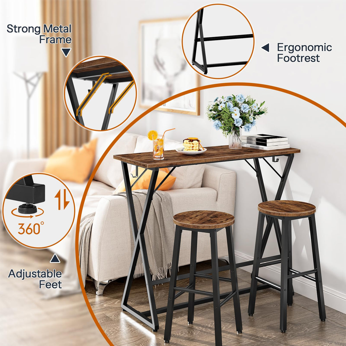 HOOBRO 39.4 Inch Bar Table, Counter Height Rectangular Bar Table, Pub Dining Table, Metal Frame with Footrest and 2 Hooks, for Narrow Space, Bistro and Living Room, Rustic Brown and Black BF67BT01 HOOBRO