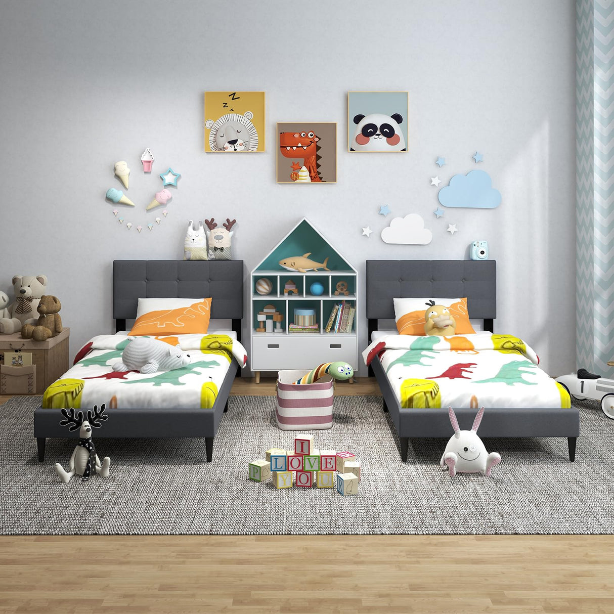 Giantex Twin Bed Frames for Kids, Modern Fabric Linen Upholstered Platform Bed Frame with Button Tufted Headboard and Wooden Slats, No Box Spring Needed, Kids Twin Bed for Boys Girls, Grey Giantex