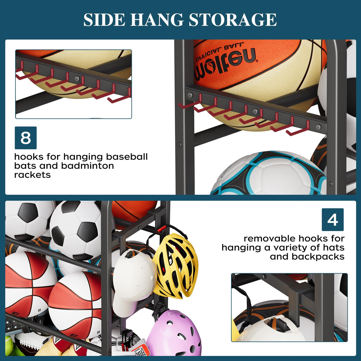 Homeiju Sports Equipment Organizer, Ball Storage Rack, Garage Sports Gear Rack with Wheels and Hooks, Indoor/Outdoor Shelf Rack for Sports Gear, Black Homeiju