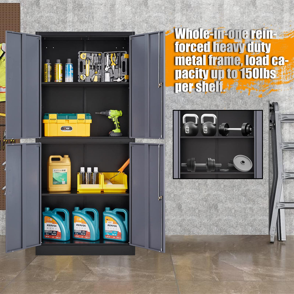 STANI Metal Storage Cabinet, Locking Steel Storage Cabinet with 4 Doors and 2 Adjustable Shelves, 71" Steel Lockable File Cabinet, Tall Steel Cabinet for Home Office,Garage,School STANI