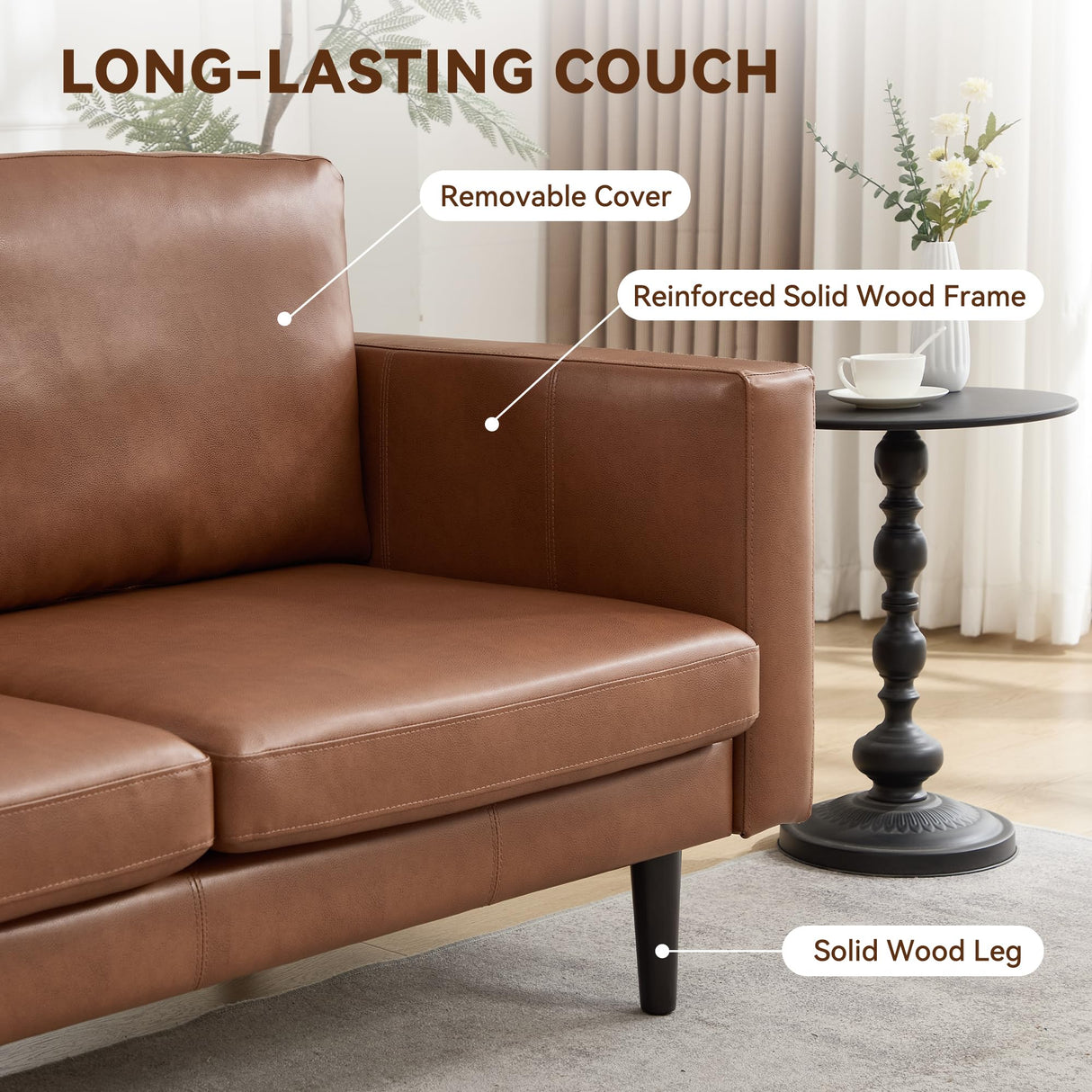 Kingfun 65" Loveseat Sofa, Faux Leather Love Seat Couch, Mid Century Modern Couch with Solid Wooden Frame for Living Room & Bedroom in Small Spaces, Coffee Kingfun