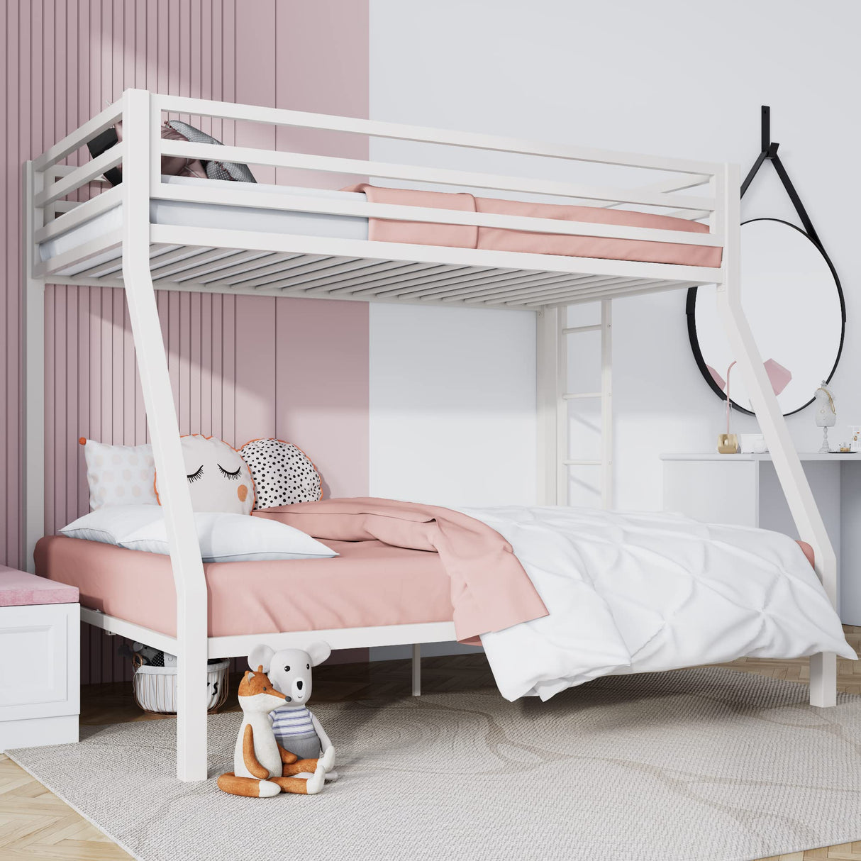 SHA CERLIN Twin Over Full Metal Bunk Bed with Removable Stairs and Under-Bed Storage in Matte White SHA CERLIN