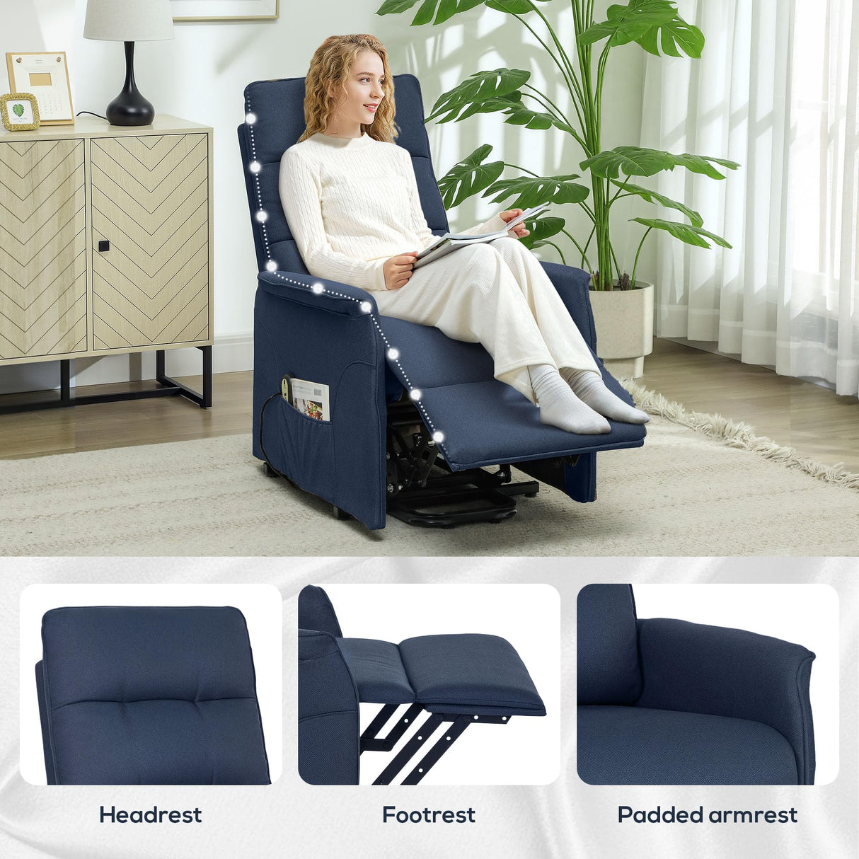 HOMCOM Power Lift Recliner Chair for Elderly, Fabric Lift Chair Sofa with Remote Control, Side Pockets, Pocket Spring, Tufted Back, Quick Assembly, Deep Blue HOMCOM