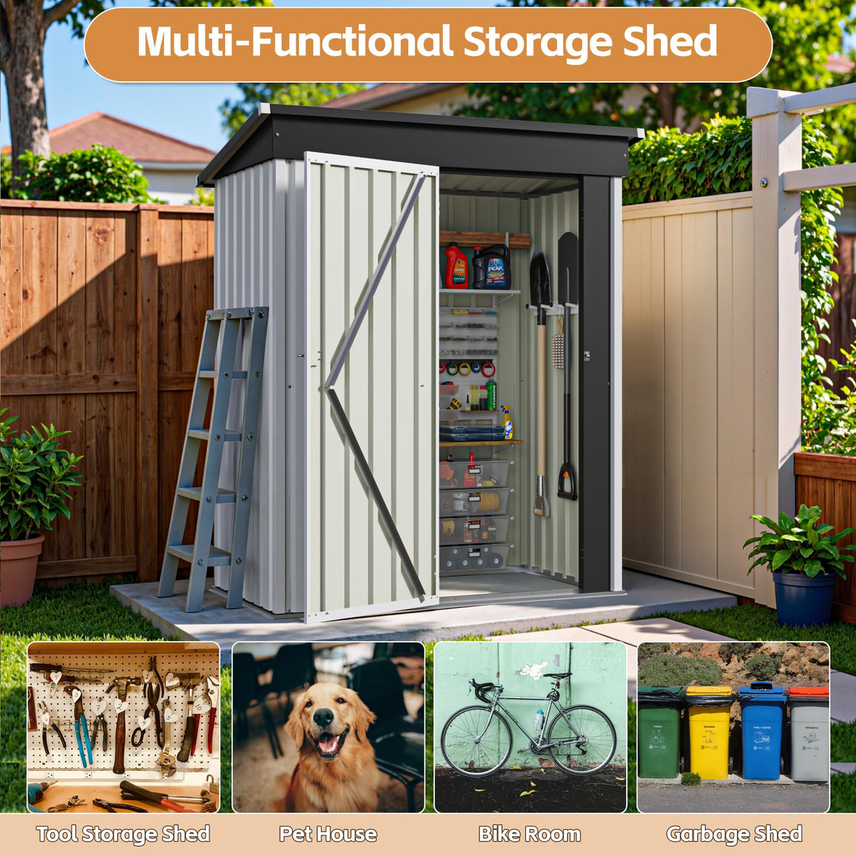 Greesum 5×3 FT Outdoor Storage Shed, Metal Storaged Sheds Without Floor, Tool Sheds with Lockable Doors and Sloping Roof for Garden, Patio, Backyard, White Greesum