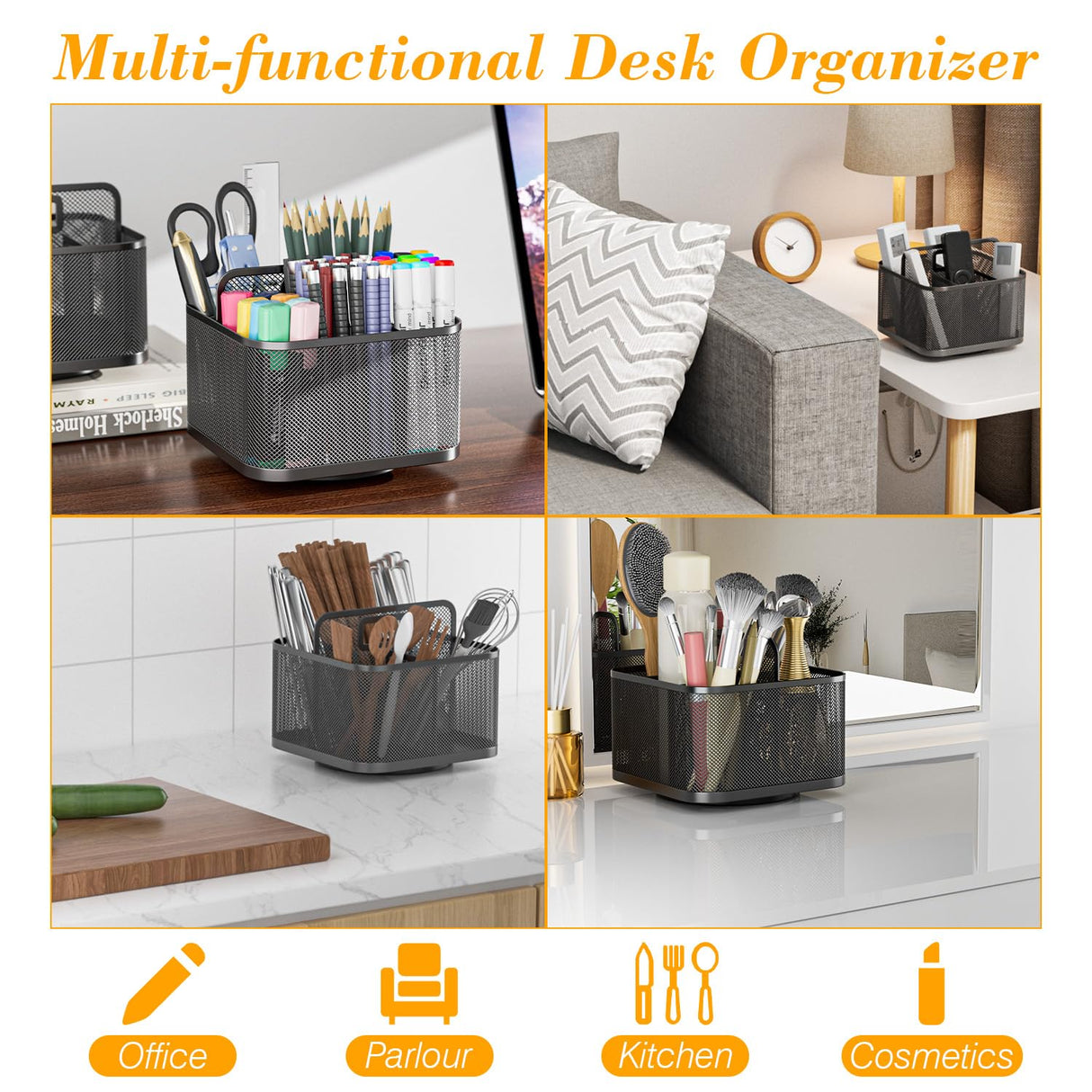 LUCYCAZ 360 Rotating Metal Pencil Pen Holder for Desk, Rotating Pencil Cup with 5 Slots, Dual-Purpose Desk Pen Organizer for Office, School, Home, Square LUCYCAZ