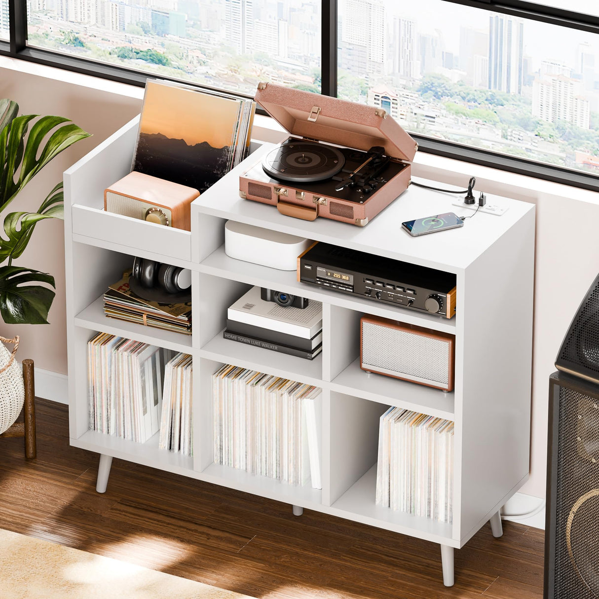 Cozy Castle Record Player Stand, Turntable Shelf with Vinyl Storage up to 500 Albums, Vinyl Record Player Shelf with Power Outlet Sideboard Buffet Cabinet with Storage Accent Cabinet, White Cozy Castle