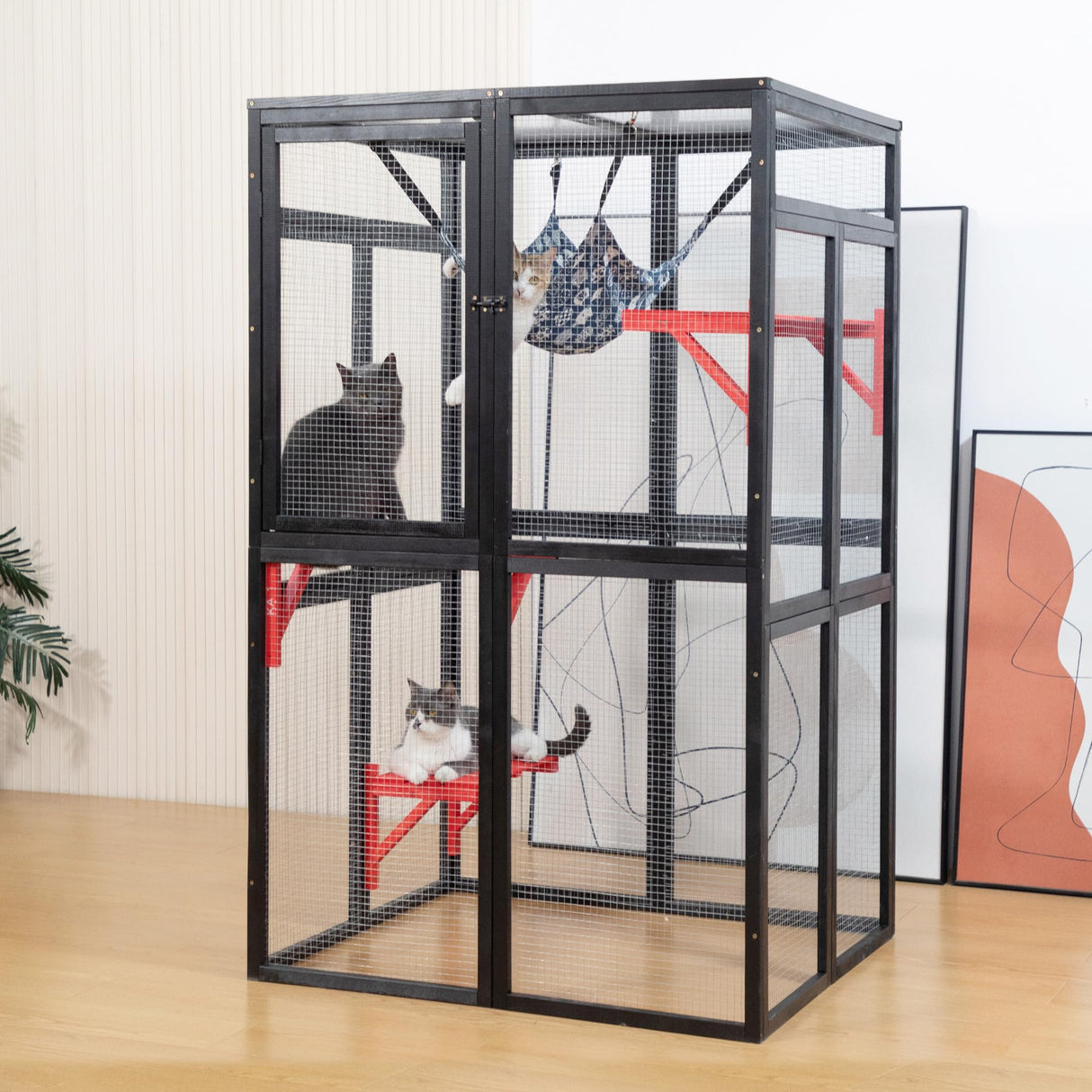 COZIWOW Catio Outdoor Cat Enclosure Window Access, Wooden Cat House, Indoor Cat Cage with Hammock for Patio(Gothic) COZIWOW